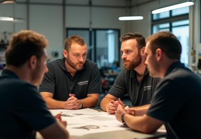 L'équipe Prestige Auto Detailing en pleine discussion à l'atelier